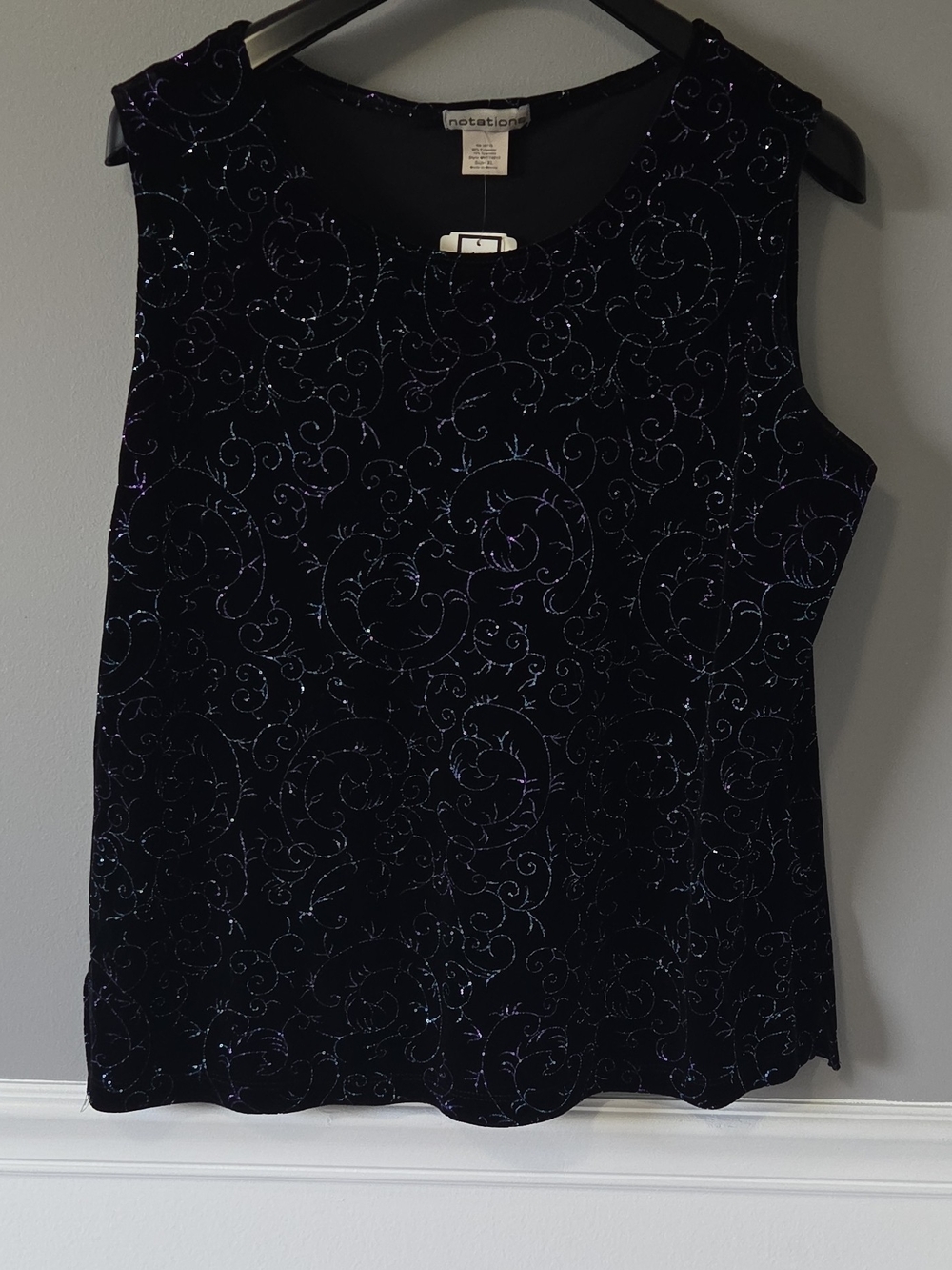 Notations Black Velvet Sleeveless Top with Glitter Purple Blue Swirl XL - Picture 1 of 8